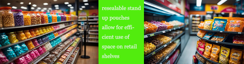 4resealable stand up pouches allow for efficient use of space on retail shelves